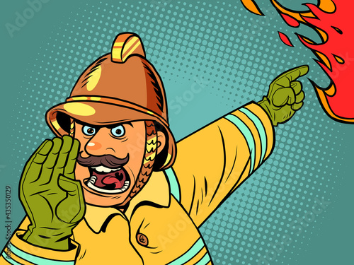 Retro fireman yells about a fire. Danger and rescuers