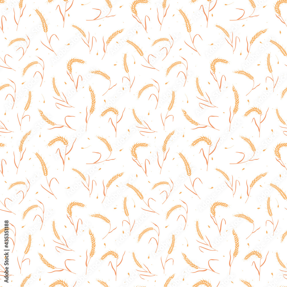 Seamless pattern with whole grain seeds organic, natural ears isolated on white background flat style design vector illustration. Wheat, barley or rye ears with straw chaotic version.