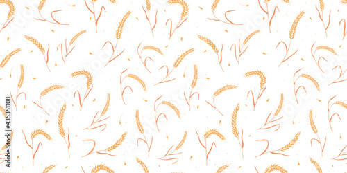 Seamless pattern with whole grain seeds organic, natural ears isolated on white background flat style design vector illustration. Wheat, barley or rye ears with straw chaotic version.