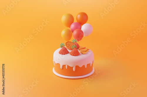 Cuadro en lienzo Realistic  birthday cake celebration with orange fruit and green flower put on w