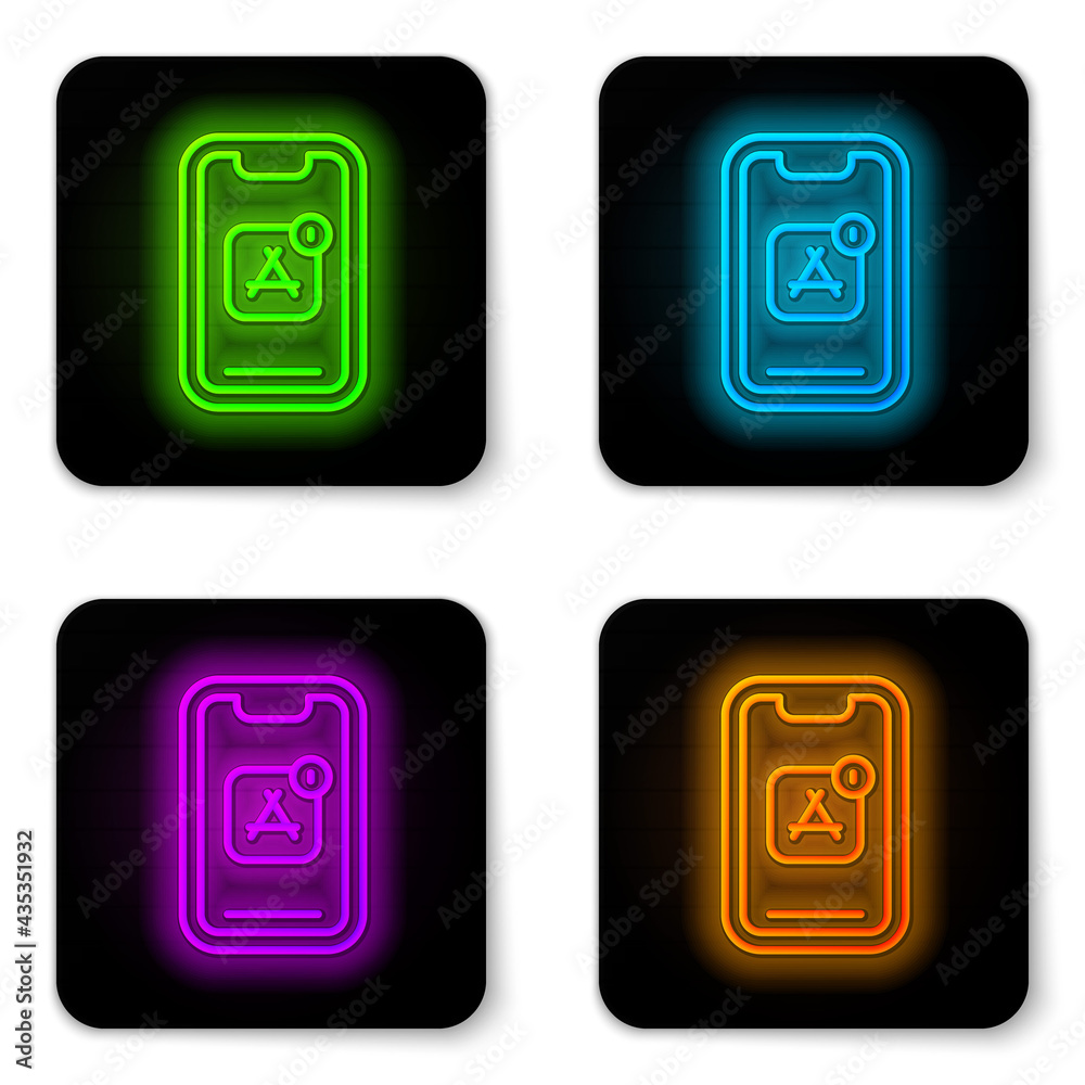 Glowing neon line Mobile Apps icon isolated on white background. Smartphone with screen icons, applications. mobile phone showing screen. Black square button. Vector Glowing neon line Mobile Apps icon isolated on white background. Smartphone with screen icons, applications. mobile phone showing screen. Black square button. Vector
