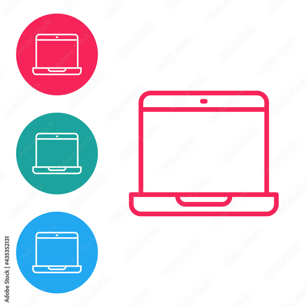 Red line Laptop icon isolated on white background. Computer notebook with empty screen sign. Set icons in circle buttons. Vector Red line Laptop icon isolated on white background. Computer notebook with empty screen sign. Set icons in circle buttons. Vector