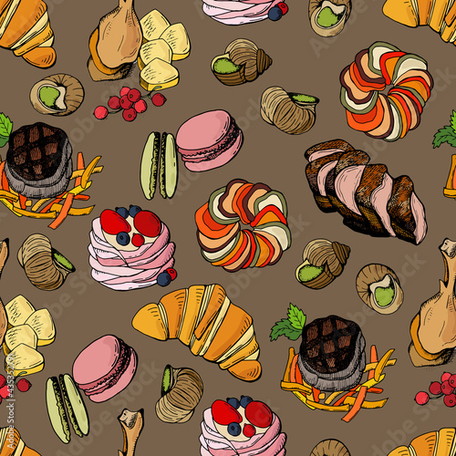 Seamless pattern with French cuisine dishes. Design for cafes, fabrics, textiles, wallpapers, packaging.	