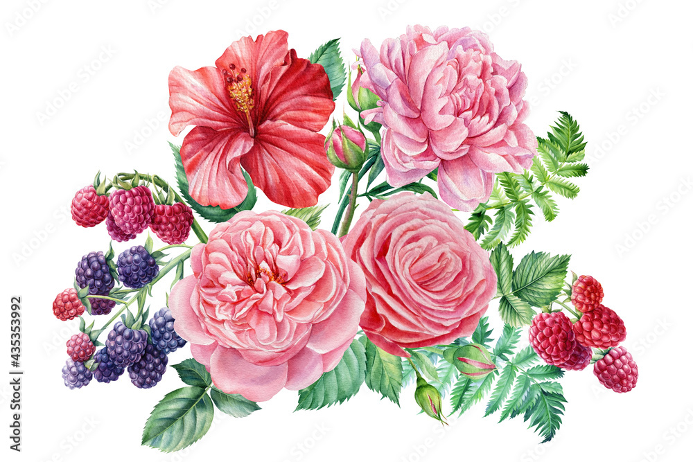 Watercolor bouquet. Raspberry, blackberry, rose, hibiscus and peony flowers, botanical illustration, floral decoration Watercolor bouquet. Raspberry, blackberry, rose, hibiscus and peony flowers, botanical illustration, floral decoration