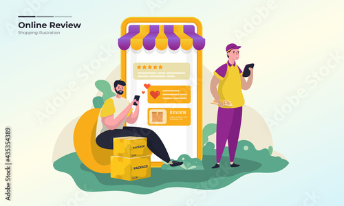 Illustration of customer feedback with positive reviews and give a five star rating concept