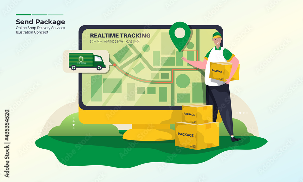 Naklejka premium Illustration of delivery services with tracking packages in real time concept