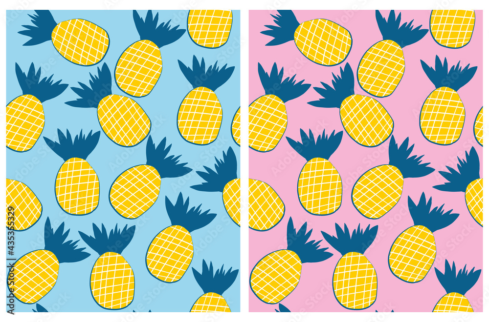 Funny Hand Drawn Tropical Fruits Seamless Vector Pattern. Yellow Pineapples Isolated on a Light Pink and Pink Background. Simple Juicy Fruits Repeatabe Design ideal for Fabric, Textile Wrapping Paper. Funny Hand Drawn Tropical Fruits Seamless Vector Pattern. Yellow Pineapples Isolated on a Light Pink and Pink Background. Simple Juicy Fruits Repeatabe Design ideal for Fabric, Textile Wrapping Paper.