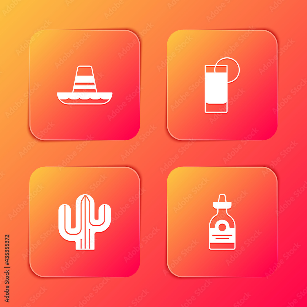 Set Mexican sombrero, Tequila glass with lemon, Cactus and bottle icon. Vector Set Mexican sombrero, Tequila glass with lemon, Cactus and bottle icon. Vector