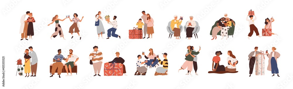 Set of happy people giving and receiving gifts, presenting flowers. Families, friends, love couples and children with presents. Colored flat graphic vector illustration isolated on white background Set of happy people giving and receiving gifts, presenting flowers. Families, friends, love couples and children with presents. Colored flat graphic vector illustration isolated on white background