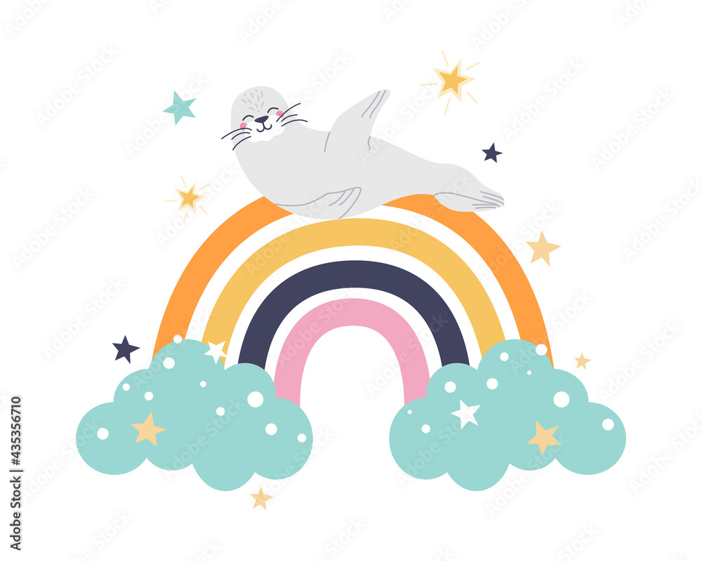 A funny cute seal lies on a colorful rainbow with clouds and stars on a white background. Vector flat cartoon illustration. Decor for children's posters, postcards, clothing and interior