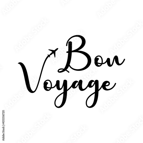 Banner con texto manuscrito bon voyage escrito a mano en francés con silueta de avión en color negro