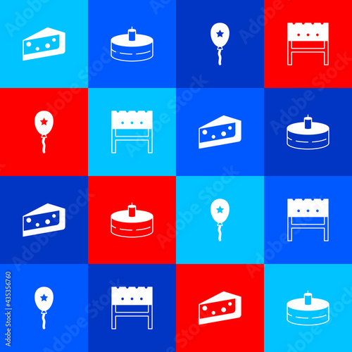 Set Piece of cake, Cake with burning candles, Balloon ribbon and BBQ brazier icon. Vector