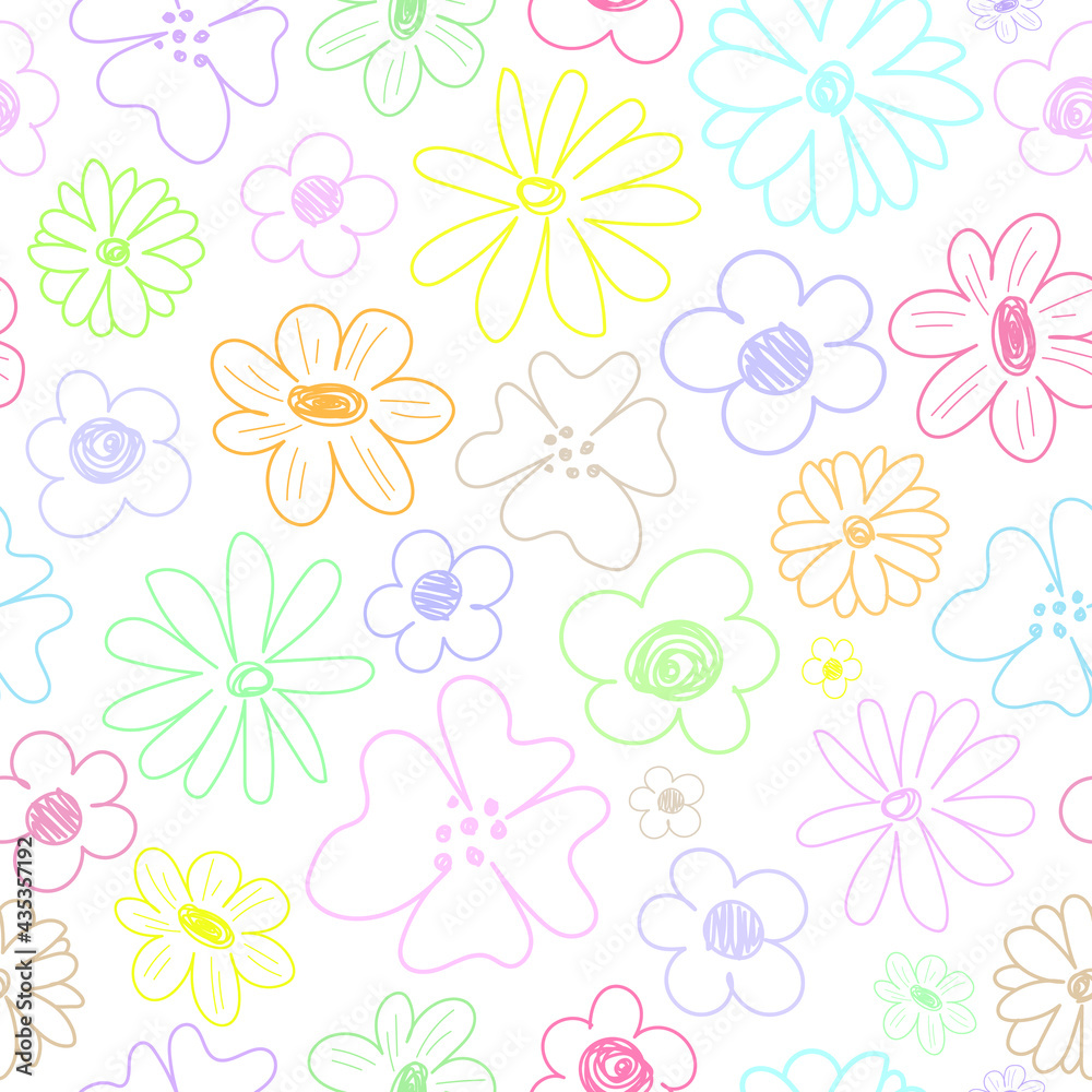 Cute white pattern with line multicolored flowers. Seamless background. Textiles for children. Minimalism paper scrapbook for kids. 