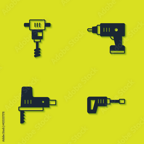 Set Electrical hand concrete mixer, Rotary hammer drill machine, jigsaw and cordless screwdriver icon. Vector