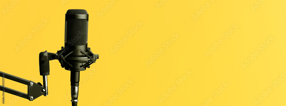 Studio condenser microphone, on Yellow background.Design of standard horizontal web banners with space for text
