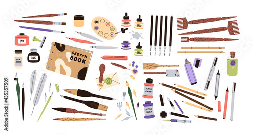Set of calligraphy and lettering tool kit. Different pens, pencils, brushes, acrylic paints, ink bottles, quills and sketchbook. Colored flat graphic vector illustration isolated on white background photo