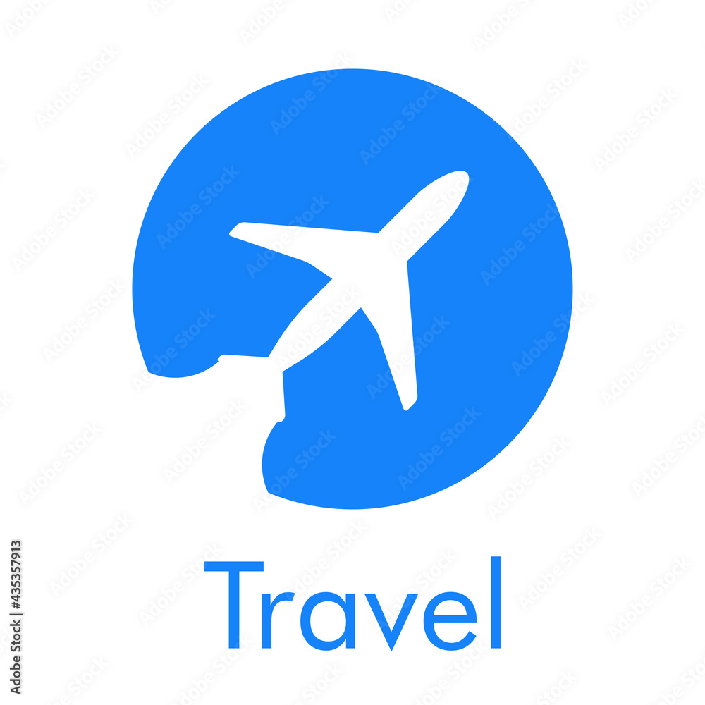Logotipo con texto Travel y silueta de avión con trayectoria en círculo en color azul