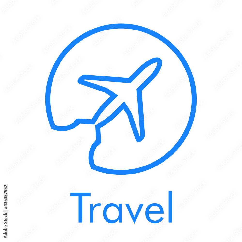Logotipo con texto Travel y silueta de avión con trayectoria en círculo con lineas en color azul