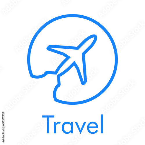 Logotipo con texto Travel y silueta de avión con trayectoria en círculo con lineas en color azul