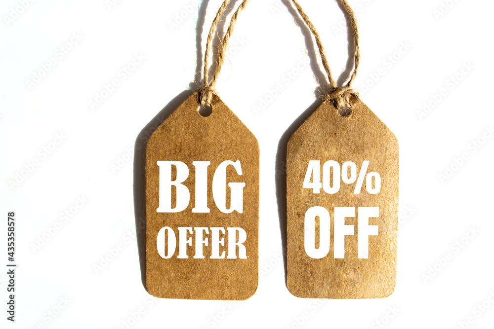 Big Offer 40% off price tag with brown string on white background