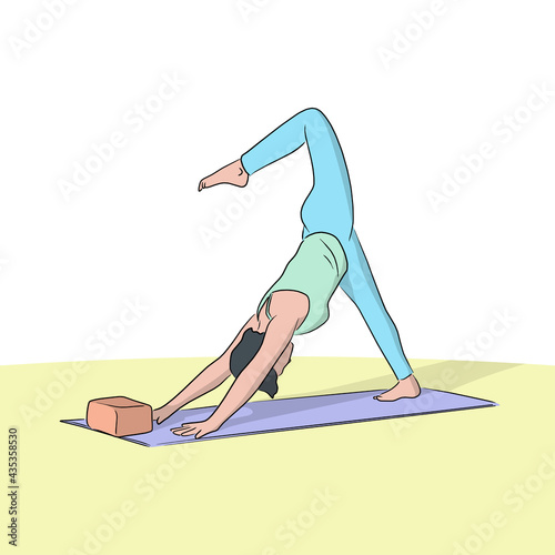 Young women doing yoga exercises on mat hand drawn isolated on white background illustration vector