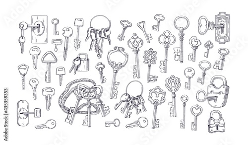 Set of etched vintage old door keys with keychains and rings for locking and unlocking padlocks. Handdrawn medieval objects sketch. Hand-drawn vector illustration isolated on white background