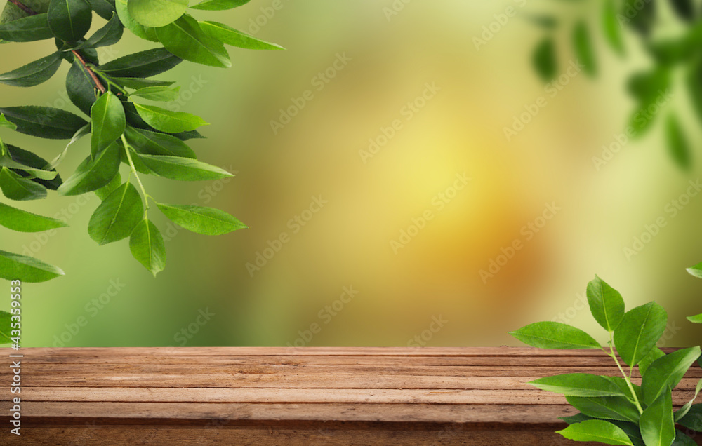 empty space on a wooden table for your product on an abstract green sunny background. empty space on a wooden table for your product on an abstract green sunny background.