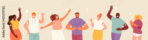 Vaccinated people celebrate the end of the pandemic and take off their protective masks
