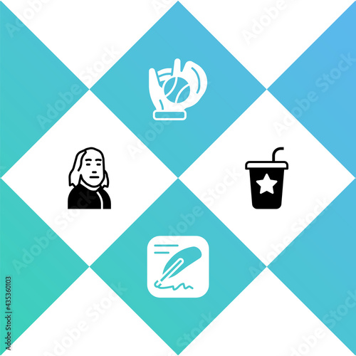 Set Benjamin Franklin, Declaration of independence, Baseball glove with ball and Paper glass straw icon. Vector