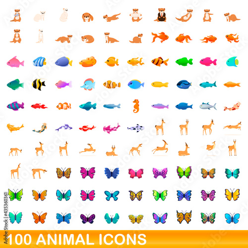 100 animal icons set. Cartoon illustration of 100 animal icons vector set isolated on white background