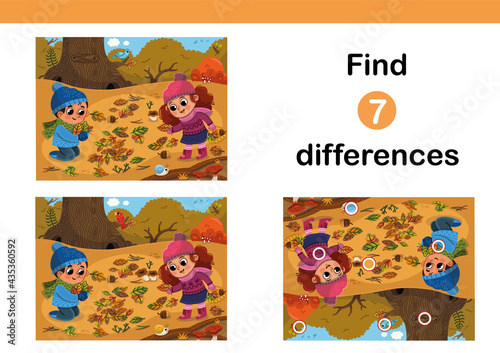 Find 7 differences education game for children. Happy Children Having Fun in Autumn Park. Vector Illustration.
