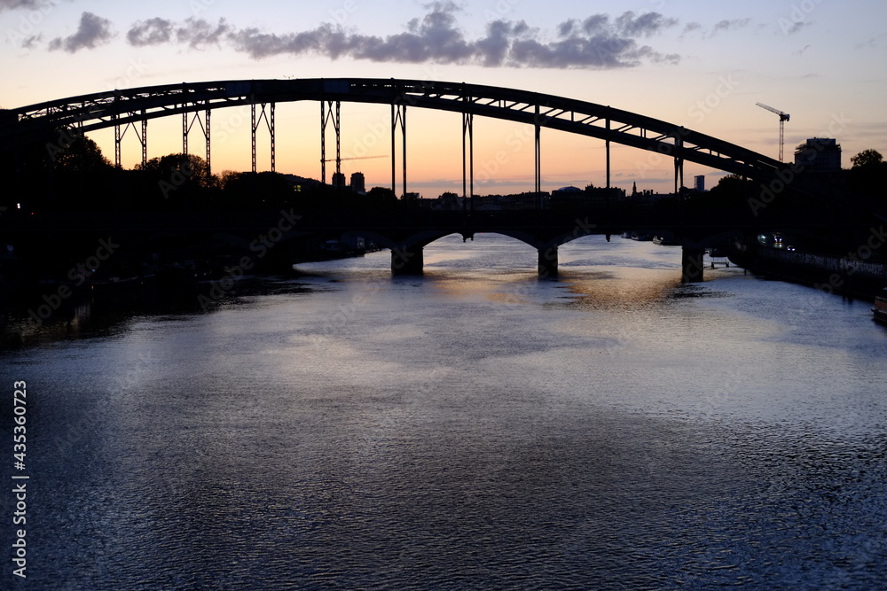 Naklejka premium The silhouette of a bridge in Paris, France. Austerlitz and Seine river, the 4th may 2021. 