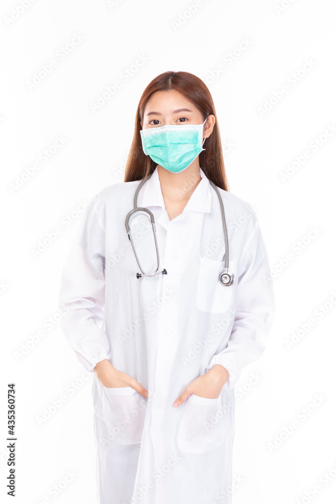 Young Asian female doctor on white background. Casual Asian woman wearing surgical mask, corona virus (Covid-19) prevention. Casual Asian woman wearing doctor gown on white background. Young Asian female doctor on white background. Casual Asian woman wearing surgical mask, corona virus (Covid-19) prevention. Casual Asian woman wearing doctor gown on white background.