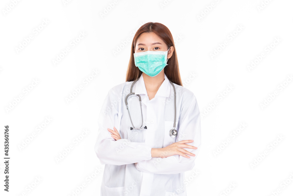 Young Asian female doctor on white background. Casual Asian woman wearing surgical mask, corona virus (Covid-19) prevention. Casual Asian woman wearing doctor gown on white background. Young Asian female doctor on white background. Casual Asian woman wearing surgical mask, corona virus (Covid-19) prevention. Casual Asian woman wearing doctor gown on white background.