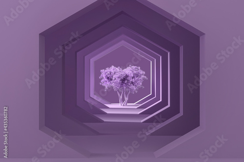 Fototapeta Naklejka Na Ścianę i Meble -  Minimal postel abstract background and mock up for the presentation and exhibitions of products. Hexagonal arches in the purple walls in perspective and a tree in the center 3d illustration