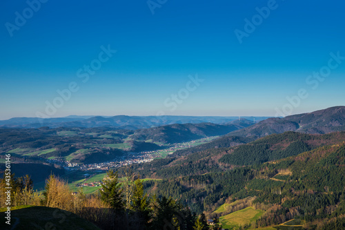 Germany, Panorama view above wide forested nature landscape of mountains and valleys from peak of hoernleberg with view down the elztal valley