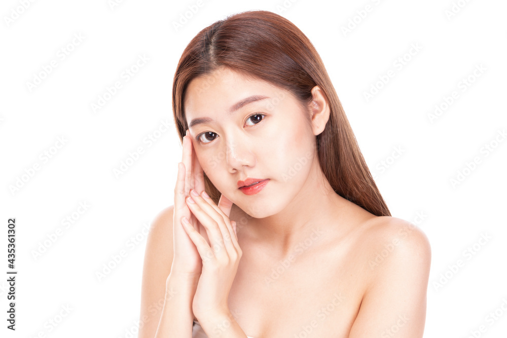 Clean fresh beautiful young Asian woman with fresh skin on white background. Beautiful Girl beauty face care and Facial treatment. Woman with clear skin isolated on white. Clean fresh beautiful young Asian woman with fresh skin on white background. Beautiful Girl beauty face care and Facial treatment. Woman with clear skin isolated on white.