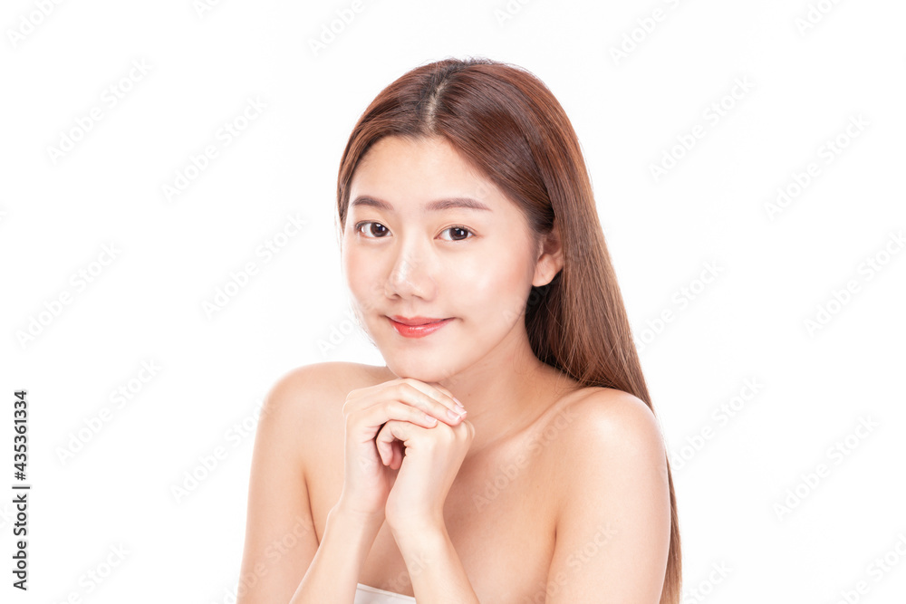 Clean fresh beautiful young Asian woman with fresh skin on white background. Beautiful Girl beauty face care and Facial treatment. Woman with clear skin isolated on white.