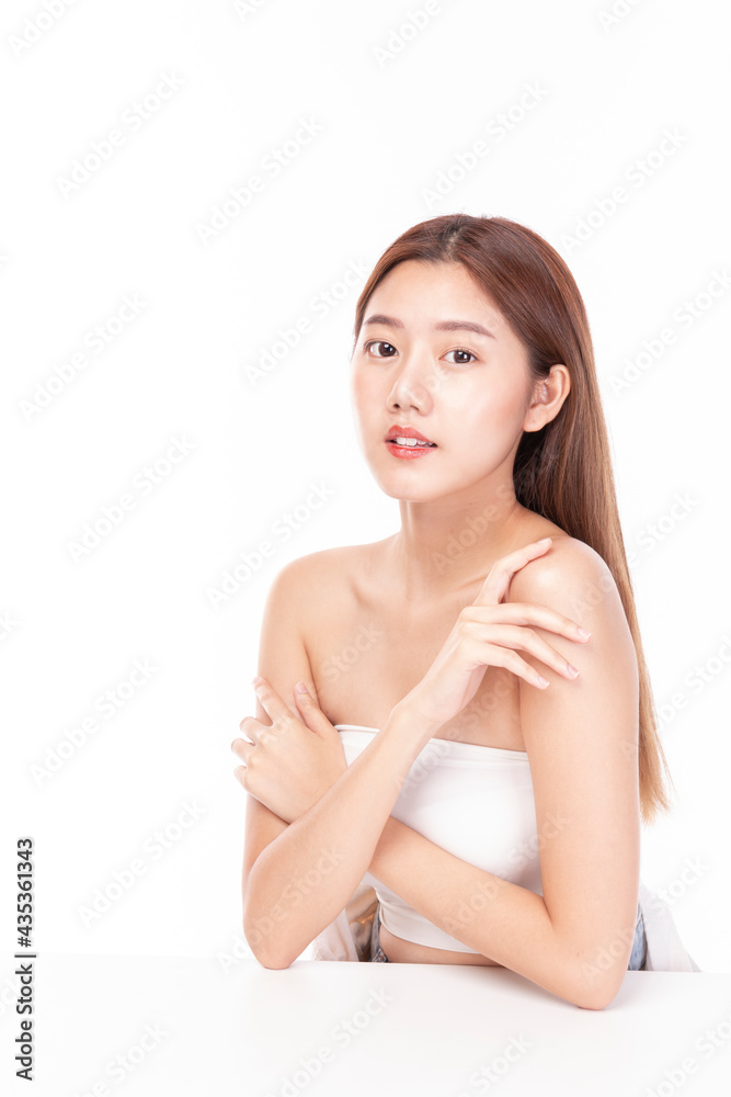 Clean fresh beautiful young Asian woman with fresh skin on white background. Beautiful Girl beauty face care and Facial treatment. Woman with clear skin isolated on white. Clean fresh beautiful young Asian woman with fresh skin on white background. Beautiful Girl beauty face care and Facial treatment. Woman with clear skin isolated on white.