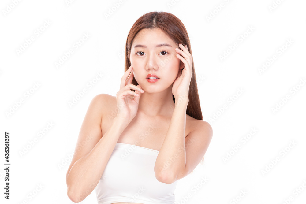 Clean fresh beautiful young Asian woman with fresh skin on white background. Beautiful Girl beauty face care and Facial treatment. Woman with clear skin isolated on white. Clean fresh beautiful young Asian woman with fresh skin on white background. Beautiful Girl beauty face care and Facial treatment. Woman with clear skin isolated on white.