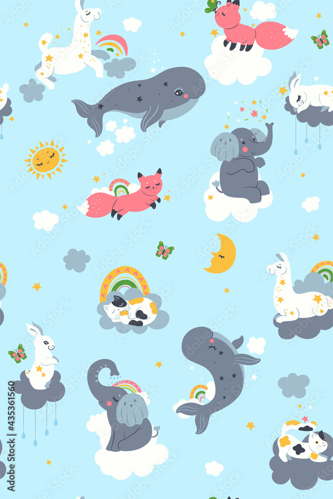 Seamless pattern for the nursery with cute animals and clouds. Vector graphics.