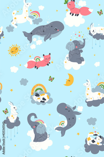 Seamless pattern for the nursery with cute animals and clouds. Vector graphics.