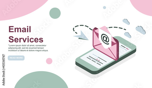 Web page design template. Email service isometric vector illustration. Webmail or mobile service layout for website landing header. EPS 10.