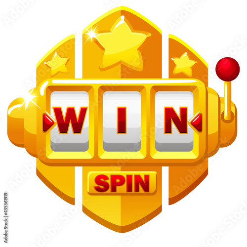 Golden Slot Machine and button SPIN, win lettering with stars for ui game.