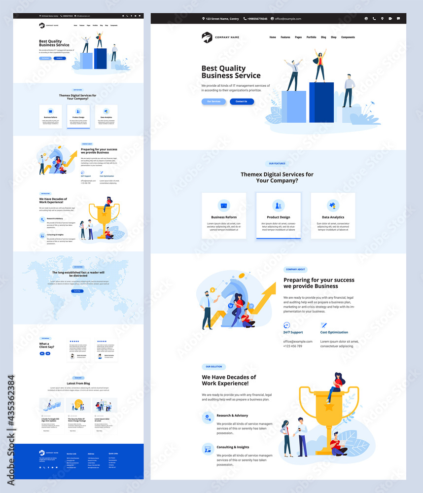 One page website design template. Vector illustration concept for web design and development on the topic of business success, digital services, data analytics, seo.  