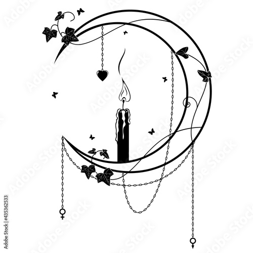 vector illustration with moon, candle, ivy, chain, heart,  sign of Venus and Mars in black and white colors