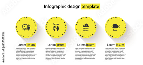 Set Fuel tanker truck, Globe with flying plane, Cloud rain and Airship. Business infographic template. Vector