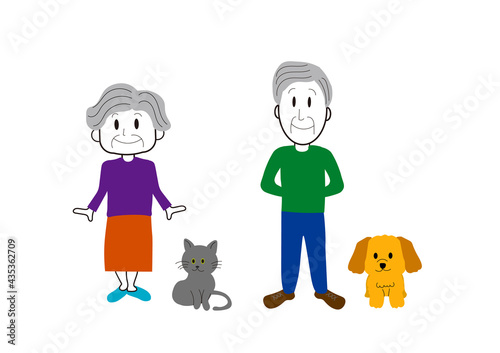 老夫婦とペットの犬と猫のイラスト