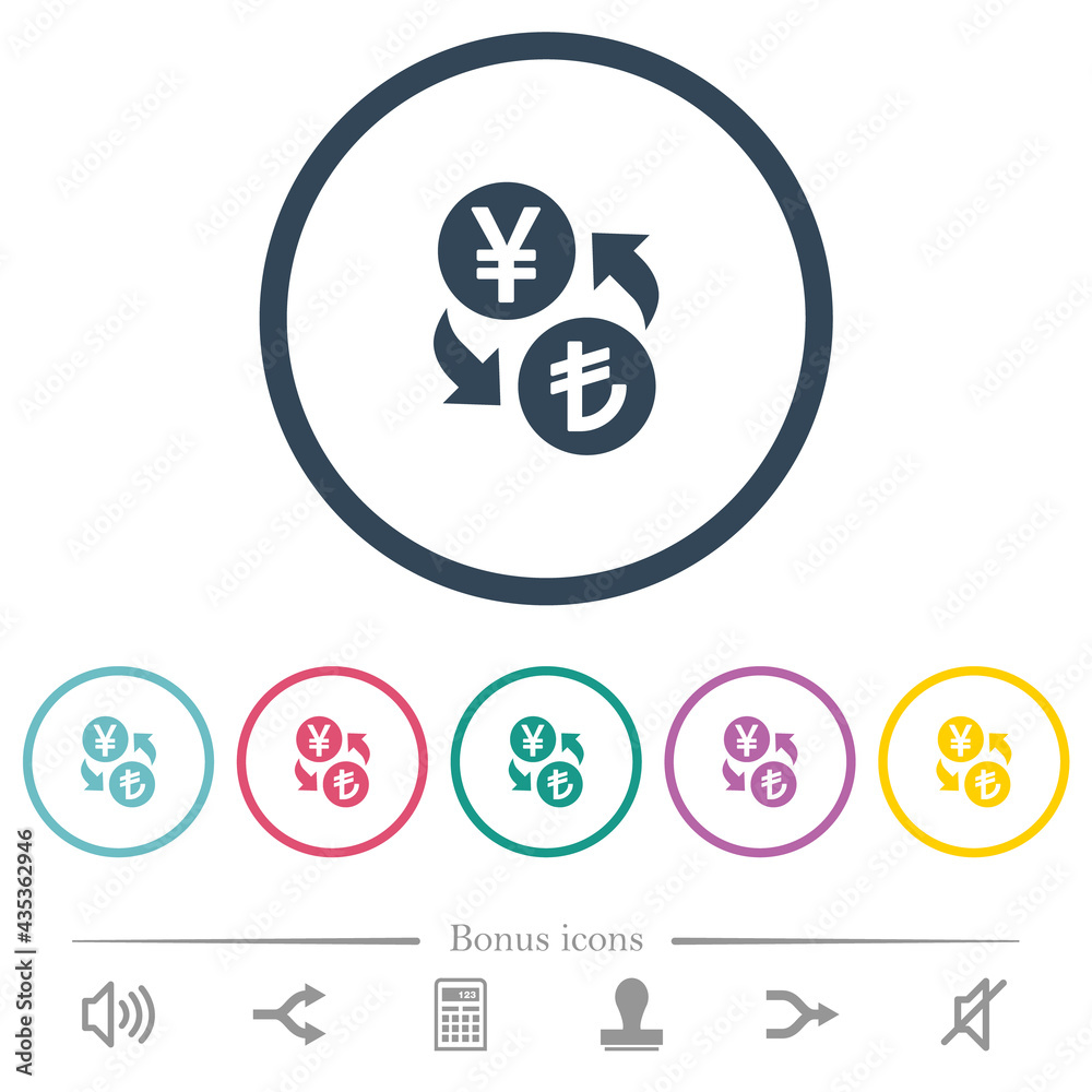 Yen Lira money exchange flat color icons in round outlines