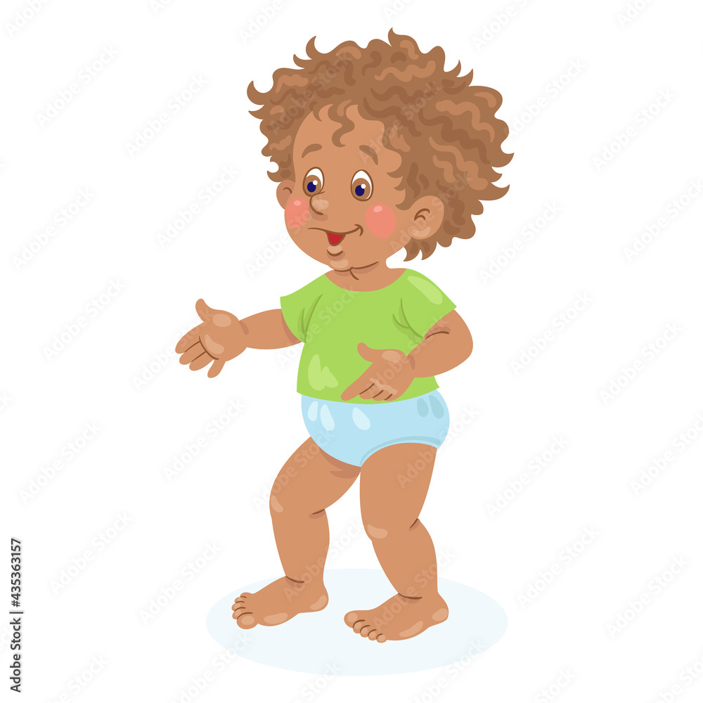 Cute little African American baby makes his first steps. In cartoon style. Isolated on white background. Vector illustration Cute little African American baby makes his first steps. In cartoon style. Isolated on white background. Vector illustration